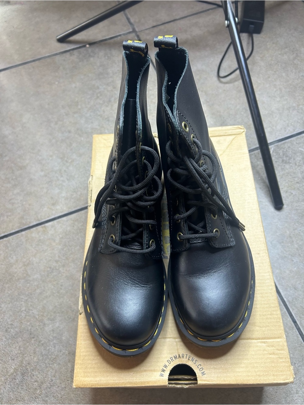 Dr. Martens Women's Black Leather Lace-Up Boots with Yellow Stitching